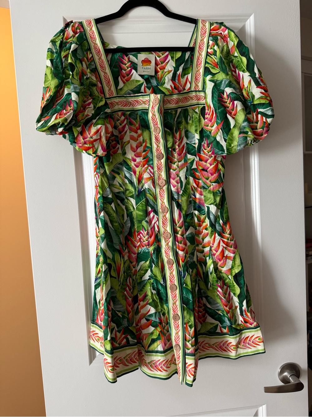FARM Rio Green Tropical Square-Neck Puff Sleeve Mini Dress - Picture 3 of 7